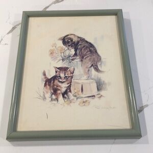 Vintage Paul Whitney Hunter  lithograph print signed kittens floral framed 70s